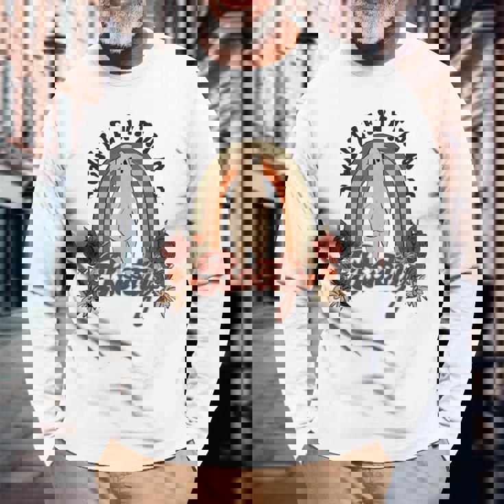 かわいいお尻 面白い ハロウィン ゴースト レトロ ヴィンテージ スタイル 長袖Tシャツ 高齢者への贈り物