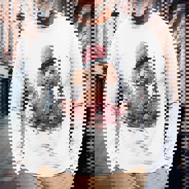 かわいいフレンチパリエッフェル塔トイプードル パリジャンプードル 長袖Tシャツ 高齢者への贈り物