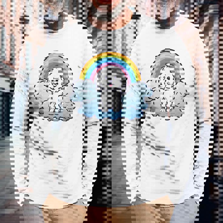 かわいいボロネーゼ犬 レインボークラウド カラフル カワイイ 子犬好き 長袖Tシャツ 高齢者への贈り物