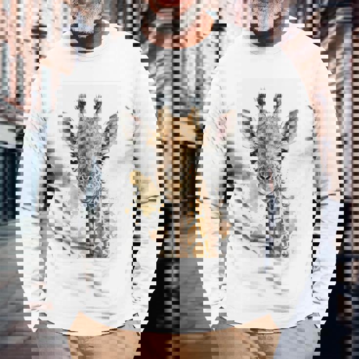 かわいい水彩画 キリン 赤ちゃん 美的 動物 アート 絵画 長袖tシャツ 長袖Tシャツ 高齢者への贈り物