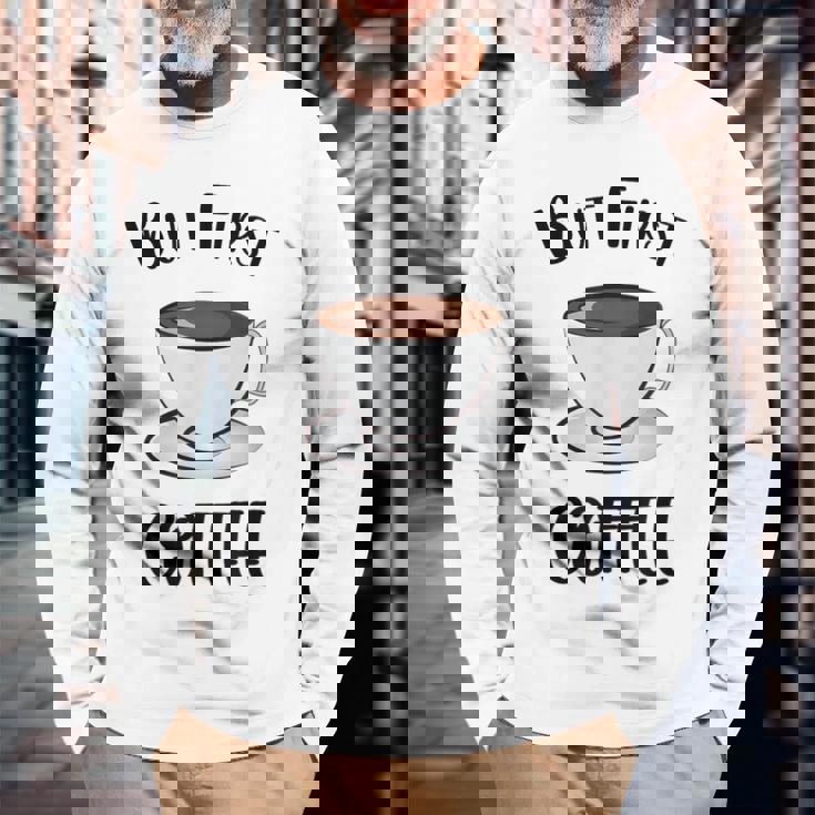 でもファーストコーヒーおもしろいコーヒー好きかわいい 長袖Tシャツ 高齢者への贈り物