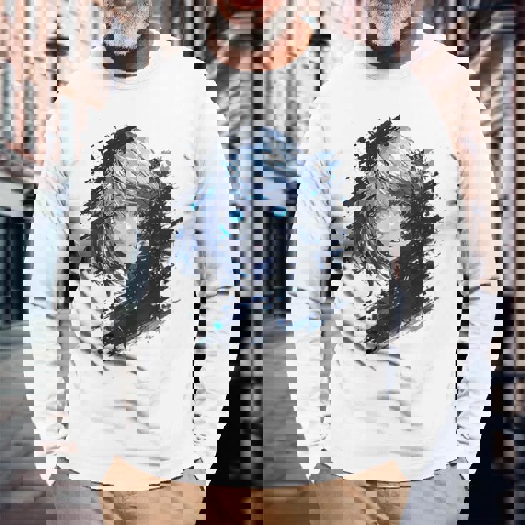 アニメ 漫画 グラフィック 青い目 アート アニメ 長袖Tシャツ 高齢者への贈り物