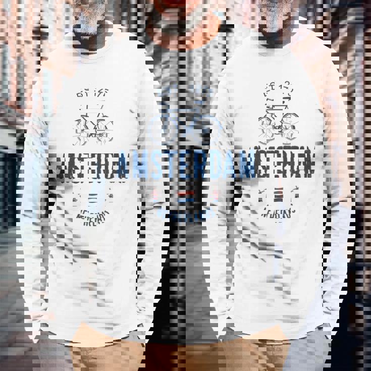 アムステルダム バイク シティ アムステルダム バイクタウン オランダの国旗 長袖Tシャツ 高齢者への贈り物