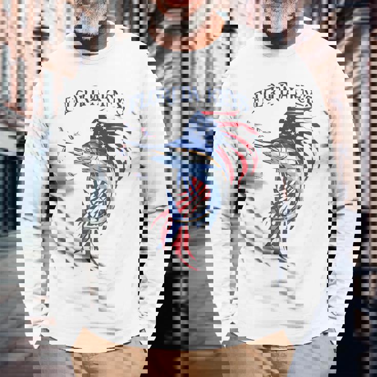 アメリカ国旗 愛国的 カジキ マーリン フロリダの鍵 長袖Tシャツ 高齢者への贈り物