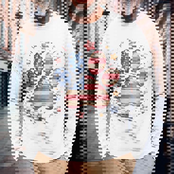 アメリカ国旗 愛国的な犬と猫の足跡プリント 7月4日 犬 長袖Tシャツ 高齢者への贈り物