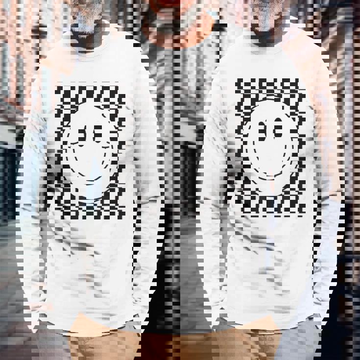 イエロー スマイル フェイスシャツ かわいい チェック柄 スマイル ハッピー 長袖Tシャツ 高齢者への贈り物