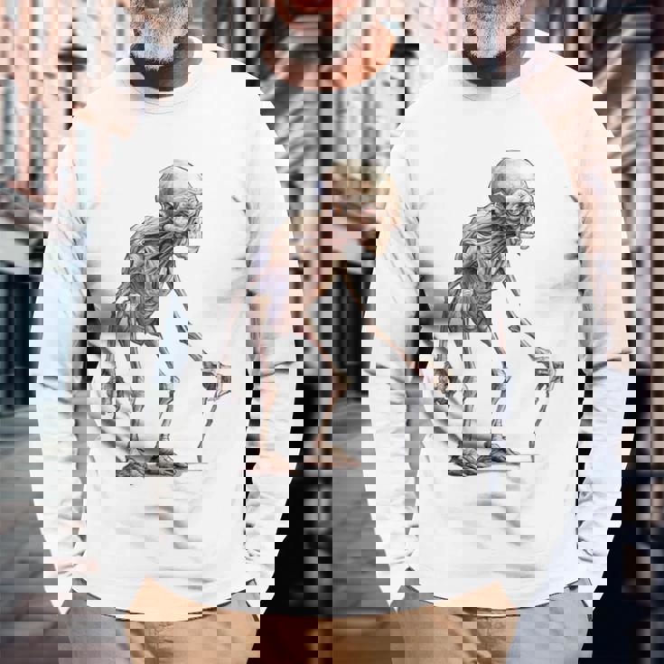 エイリアン スケルトン クリーチャー 松葉杖 スティック 長袖Tシャツ 高齢者への贈り物