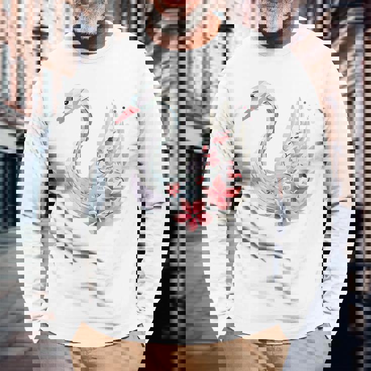 エレガントな白鳥の花 長袖Tシャツ 高齢者への贈り物