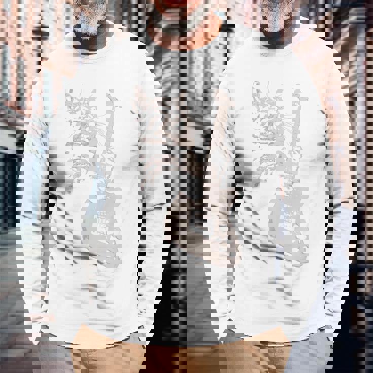 エレキギターを弾く猫 面白いキャットロッカー ロックショー 長袖tシャツ 長袖Tシャツ 高齢者への贈り物