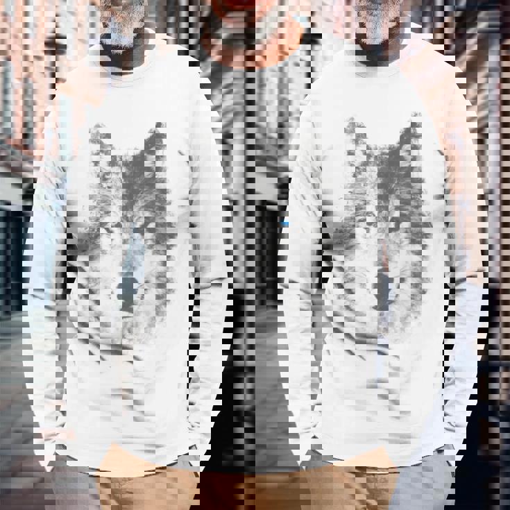 オオカミの顔 青い目 美的スマッジアートスタイル 野生動物 長袖Tシャツ 高齢者への贈り物