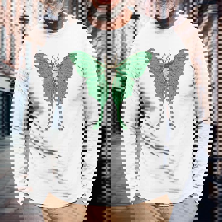 オオミズアオ ルナモス 薄い 緑色 黄緑色 蛾 Luna Moth レトロ 虫 昆虫 イラスト かっこいい おしゃれ 長袖Tシャツ 高齢者への贈り物