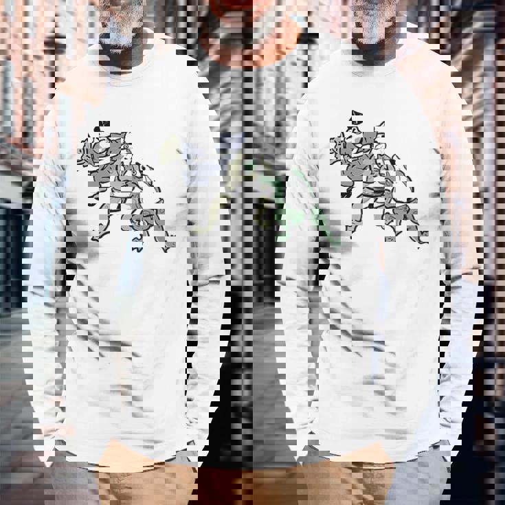 カエル 相撲 伝統 浮世絵 のようなカエルイラスト かわいい 渋かっこいい ワンポイント 長袖Tシャツ 高齢者への贈り物