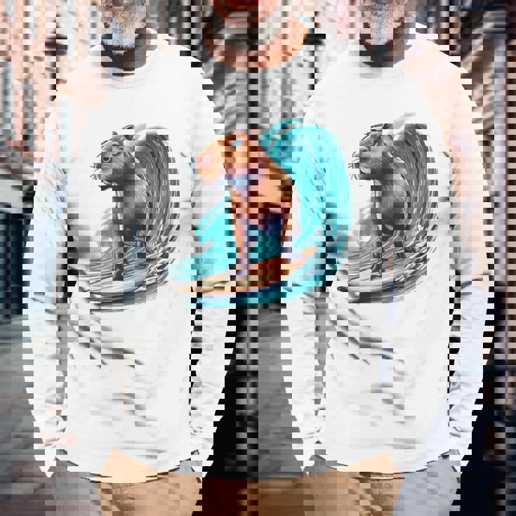 カッコイイ カピバラ サーファー サーフボード サーフィン メンズ レディース キッズ キャピー 長袖Tシャツ 高齢者への贈り物