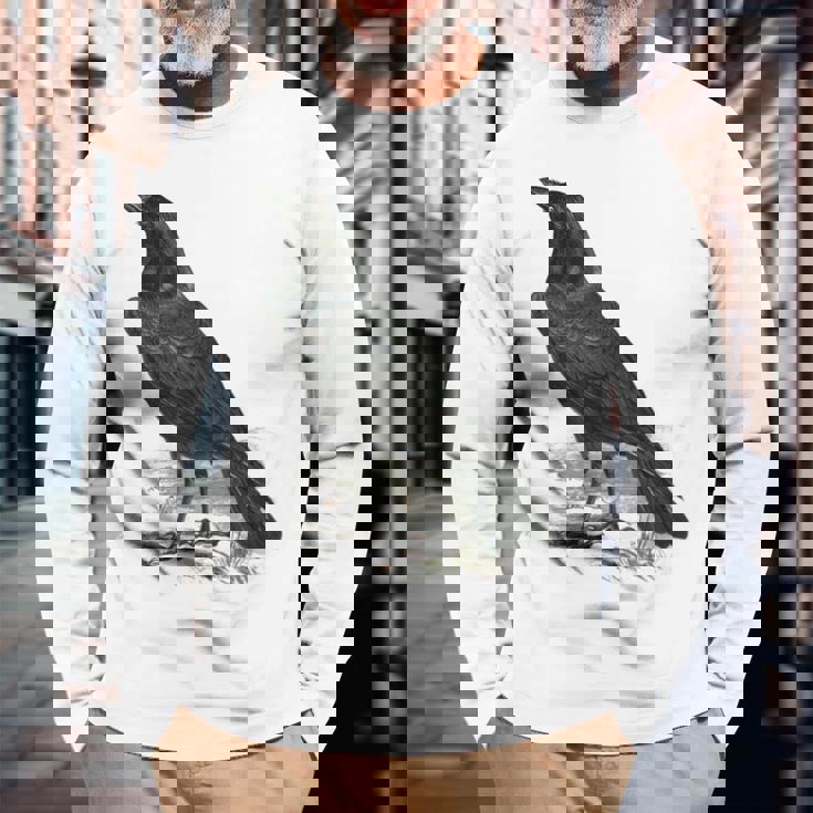 カラス ビンテージ イラスト カラス 長袖Tシャツ 高齢者への贈り物