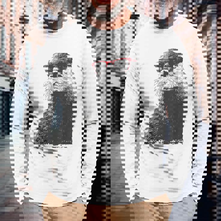 カワウソ アニマル柄 動物園 図面 イラスト 顔 カワウソ 長袖Tシャツ 高齢者への贈り物