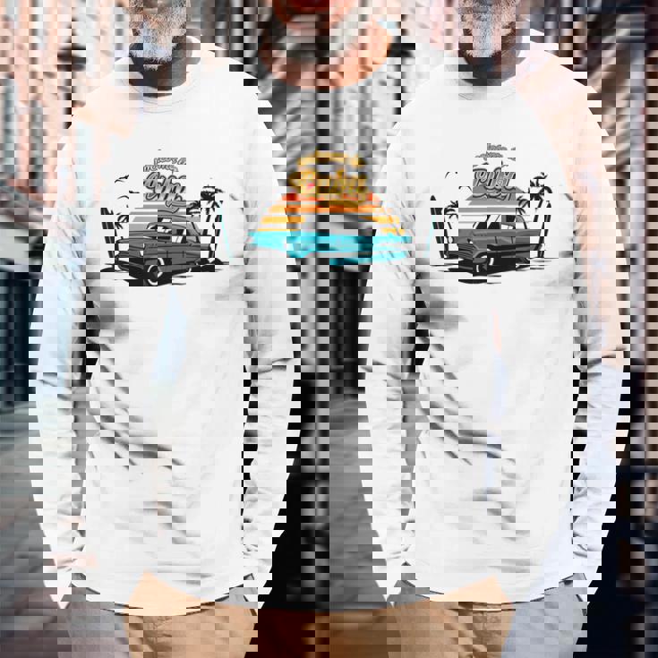 キューバ ヴィンテージカー ラム酒 葉巻 ビーチ 夕日 サーフボード ヤシの木 ハバナ ギフト お土産 太陽 カリブ海 長袖Tシャツ 高齢者への贈り物