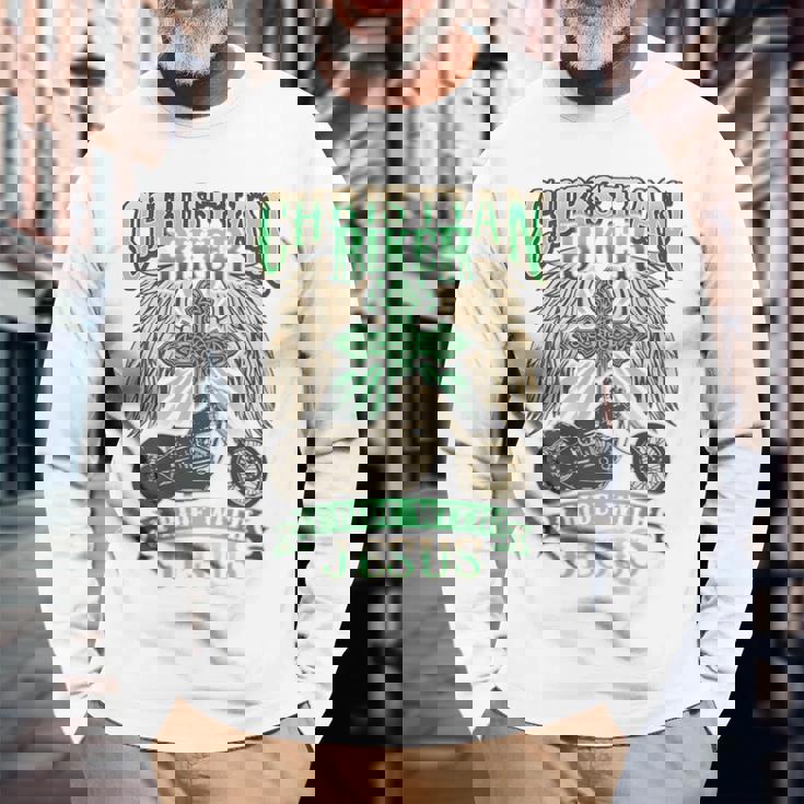 キリスト教バイカーライドウィズジーザスオートバイバックプリントデザイン 長袖Tシャツ 高齢者への贈り物