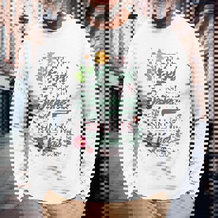 キリスト教聖書の詩 主は私の羊飼い 詩篇 23 花 長袖Tシャツ 高齢者への贈り物