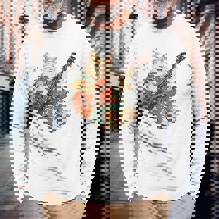 ギターを弾く日本の侍猫 忍者 浮世絵 アニメ 長袖Tシャツ 高齢者への贈り物