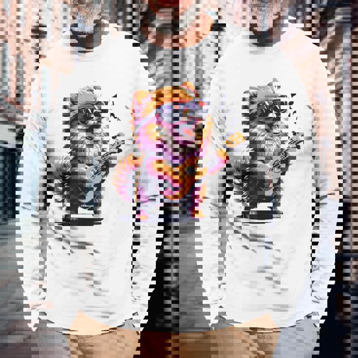 ギターを弾く犬 ポメラニアン 面白い 長袖Tシャツ 高齢者への贈り物