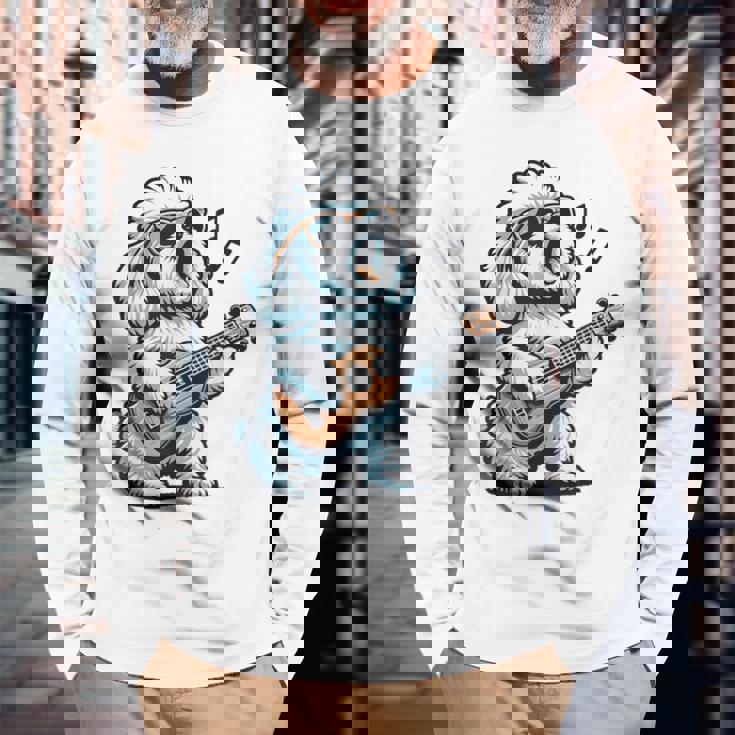 ギターを弾く犬 マルチーズプードル 面白い落書き 長袖Tシャツ 高齢者への贈り物