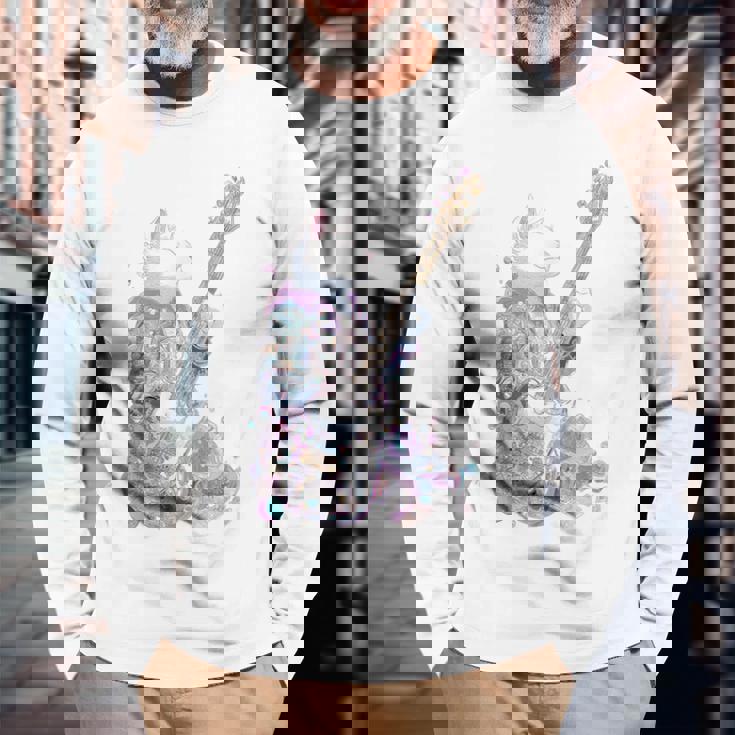 ギターを弾く猫 ネコ おもしろ かわいい ロック おしゃれ 長袖Tシャツ 高齢者への贈り物