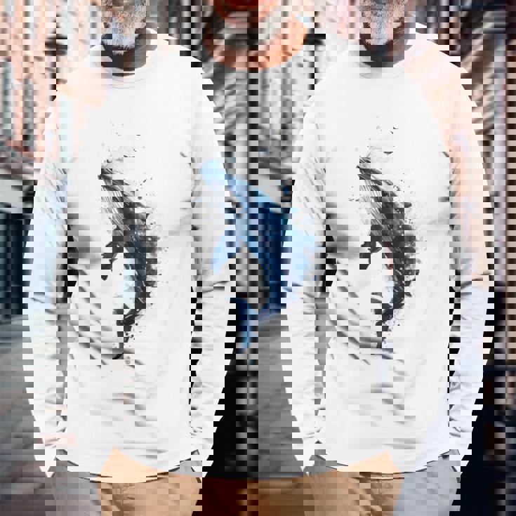 クジラ 水彩 海洋 動物 海の生物 青くじら デザイン 長袖Tシャツ 高齢者への贈り物