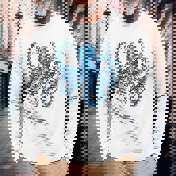 クール ブルー タコ 海 海 好き 触手 タコ好き 長袖Tシャツ 高齢者への贈り物