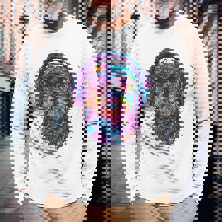 グリフォン ブリュッセロ 犬 音楽 ヘッドホン グリフォン ブリュッセル 長袖Tシャツ 高齢者への贈り物