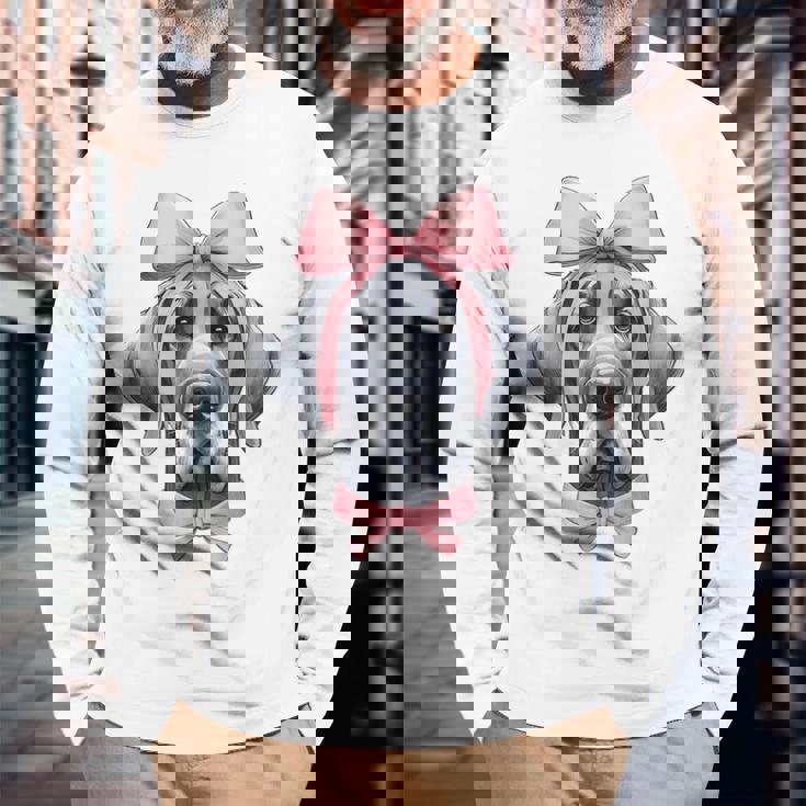 コケットボウ グレートデーン 犬 ママ ピンクリボン キュート 母の日 長袖Tシャツ 高齢者への贈り物