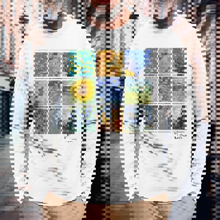 ゴッホの絵画、ひまわり、星月夜 長袖Tシャツ 高齢者への贈り物