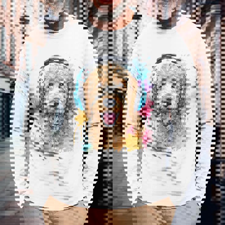 ゴールデンドゥードル、ヘッドフォン、犬、動物プリント 長袖Tシャツ 高齢者への贈り物