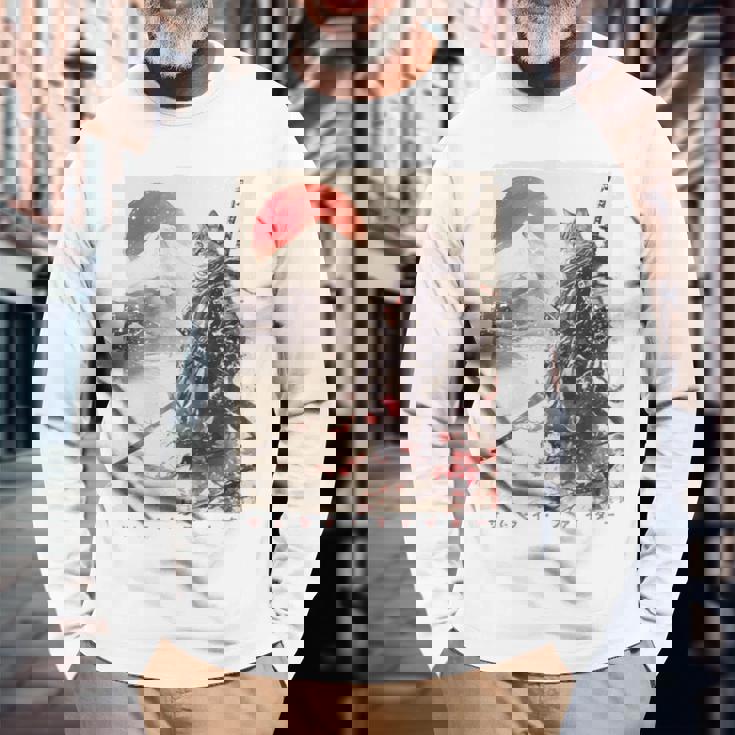 サムライ 猫戦士 浮世 墨絵 猫 サムライ 長袖tシャツ 長袖Tシャツ 高齢者への贈り物