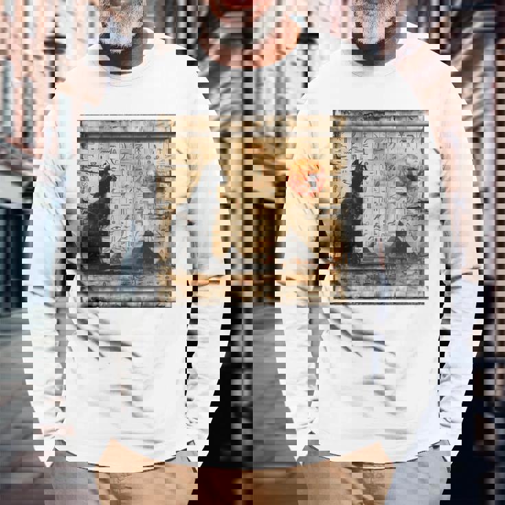 サンセット ピラミッド パピルス スクロール 砂漠 エジプトアート 猫 長袖tシャツ 長袖Tシャツ 高齢者への贈り物