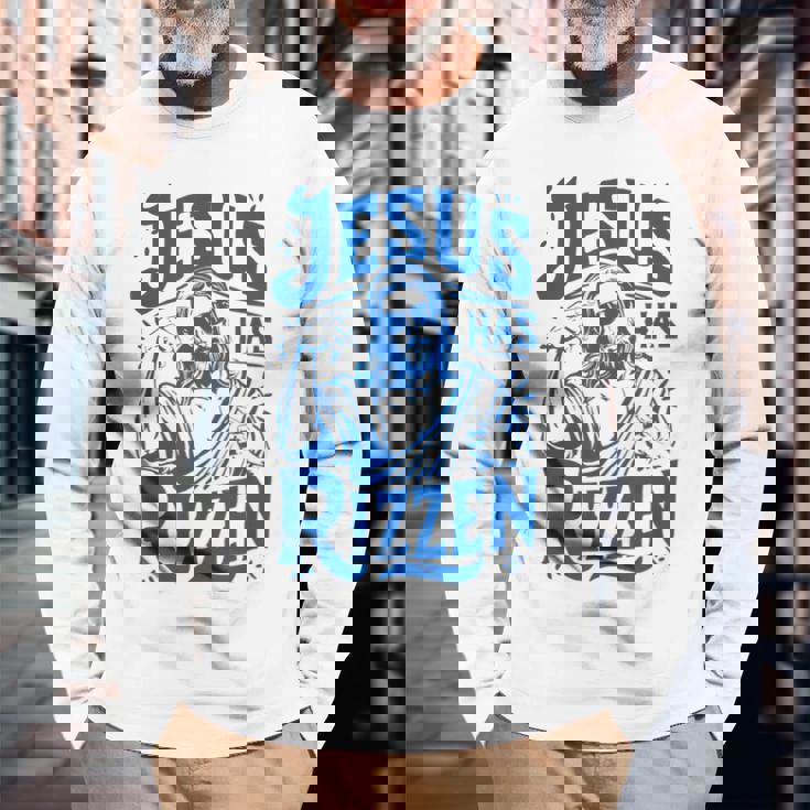 ジーザス・ハズ・リズン・ファニー・ジーザス・ミームリズ・ヤング・クリスチャン 長袖Tシャツ 高齢者への贈り物