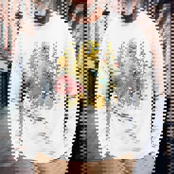 セキセイインコ 鳥 ママ セキセイインコ オウム ヴィンテージフラワー 長袖Tシャツ 高齢者への贈り物