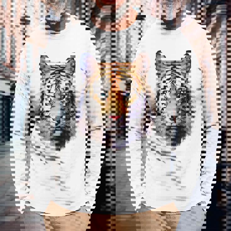 タイガー アニマル プリント グラフィック デッサン アートワーク フェイス トラ 長袖Tシャツ 高齢者への贈り物