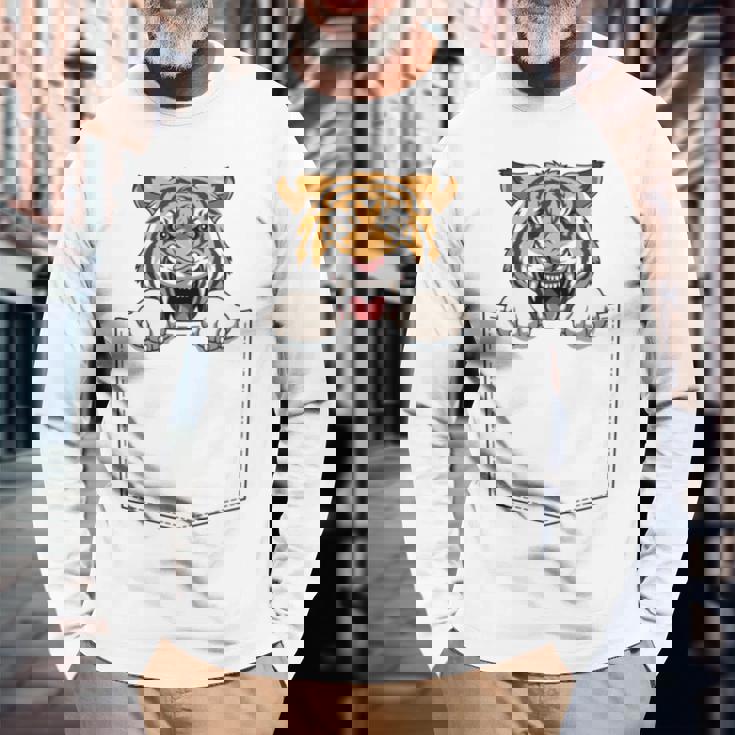 タイガー ポケットに入ったトラ 覗き見虎 長袖tシャツ 長袖Tシャツ 高齢者への贈り物