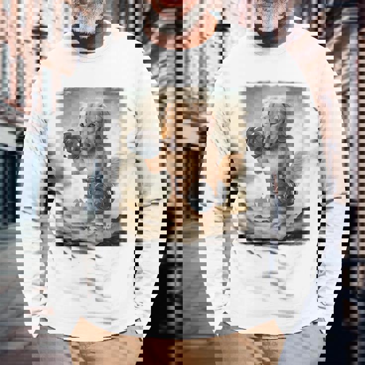 ダックスフンド 犬 筋トレ ウェイトリフティング ダンベル付き 長袖Tシャツ 高齢者への贈り物