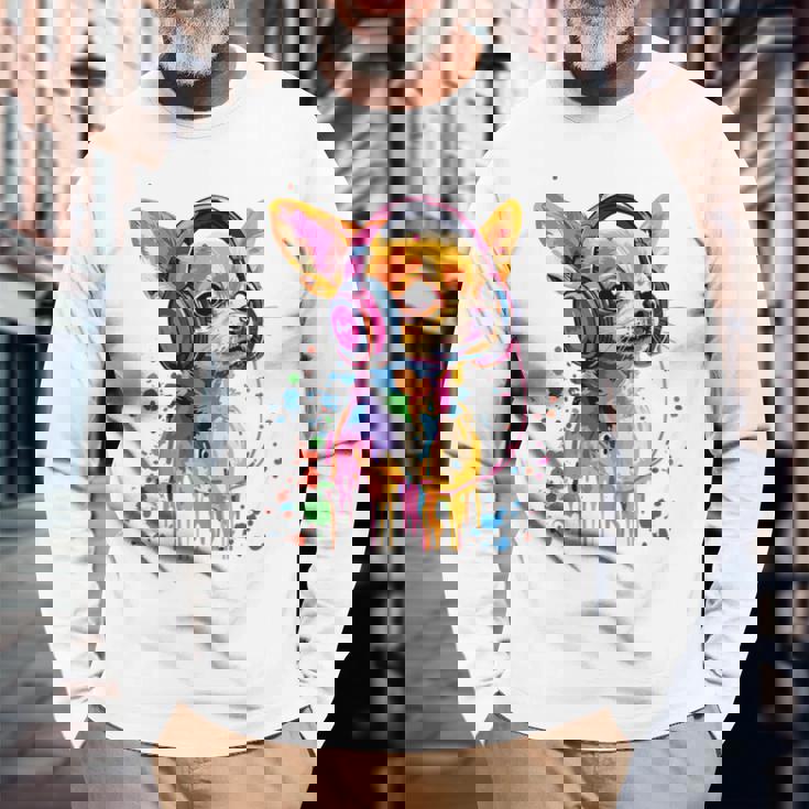 チワワの恋人 ポップアート ヘッドフォンを着て おもしろい チワワ 長袖tシャツ 長袖Tシャツ 高齢者への贈り物