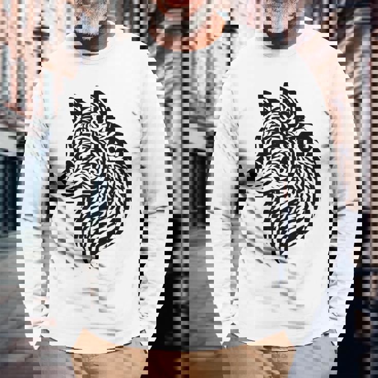 トライバルウルフ ポリネシア部族 マオリ柄 オオカミ 長袖Tシャツ 高齢者への贈り物