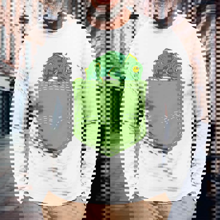 トロピカル アニマル トカゲ 爬虫類ラバー ポケット カメレオン 長袖Tシャツ 高齢者への贈り物