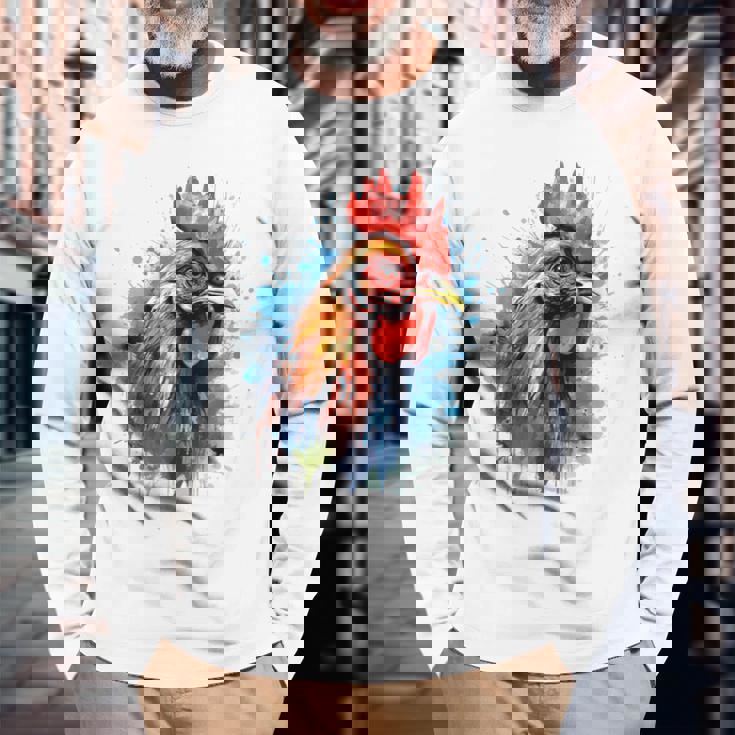 ニワトリ 動物 絵画 グラフィック 抽象 カラフル チキン 長袖Tシャツ 高齢者への贈り物