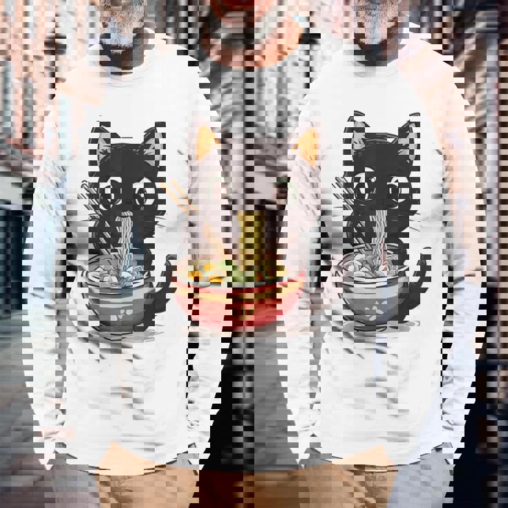 ヌードルキャット黒猫ラーメンデザイン 長袖Tシャツ 高齢者への贈り物