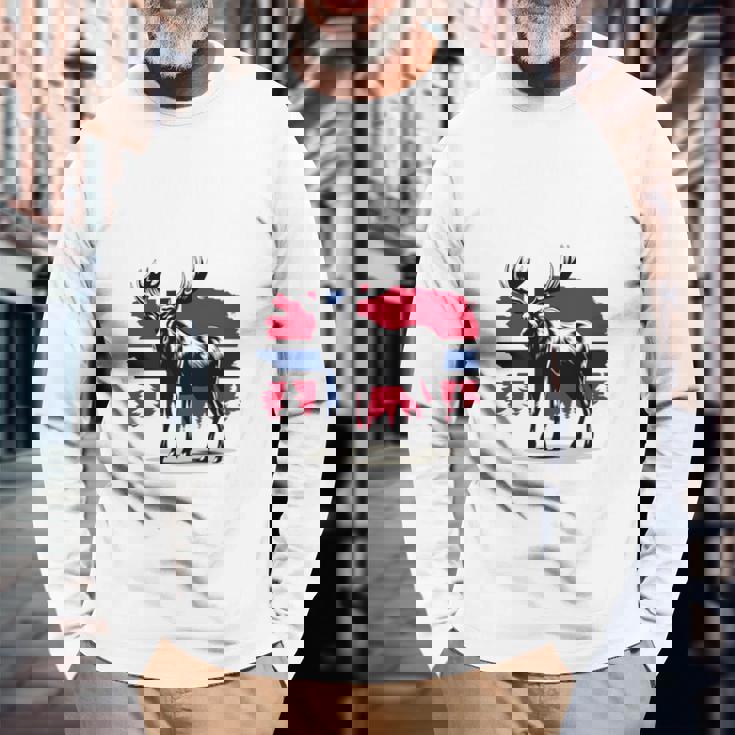 ノルウェー デザイン ヘラジカ ノルウェー国旗 自然 服装 北欧 長袖tシャツ 長袖Tシャツ 高齢者への贈り物