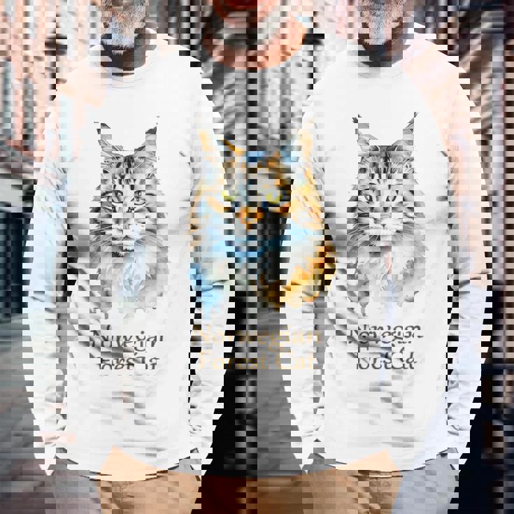 ノルウェージャンフォレストキャット 水彩画ポートレート2 長袖Tシャツ 高齢者への贈り物