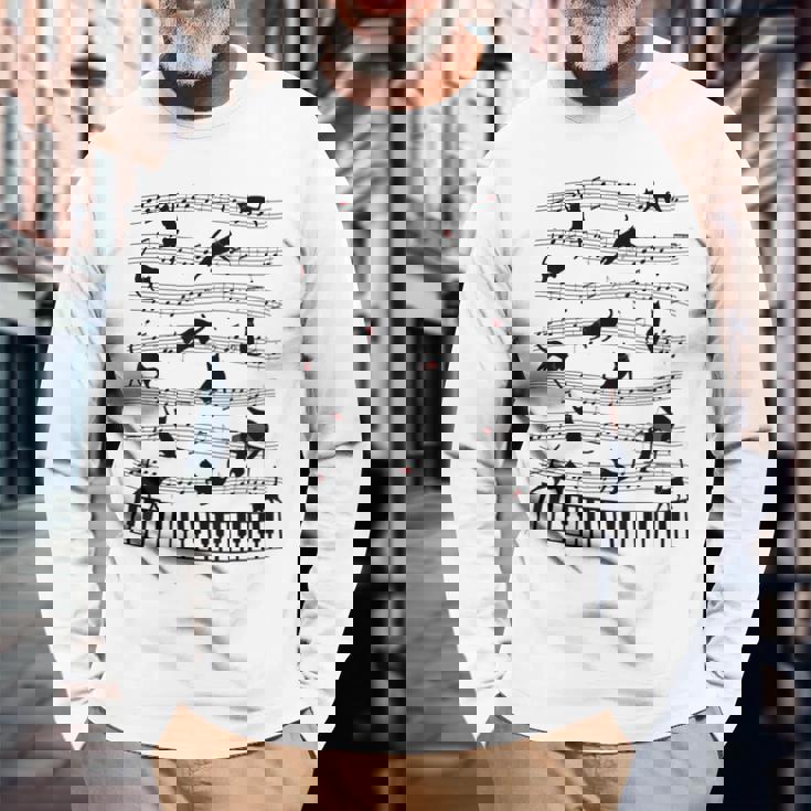 ノーティーキャット 音符付き 音楽 楽譜 おもしろ猫 ギフト 長袖Tシャツ 高齢者への贈り物