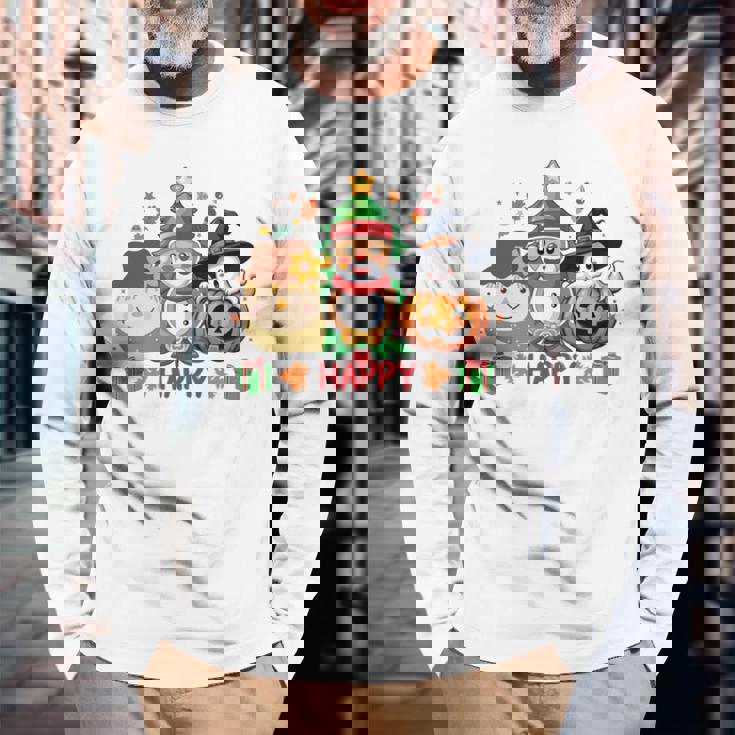 ハッピー、感謝祭、ハロウィン、メリークリスマス。 長袖tシャツ 長袖Tシャツ 高齢者への贈り物