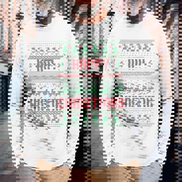 ハッピークリスマス、アグリークリスマス 長袖Tシャツ 高齢者への贈り物