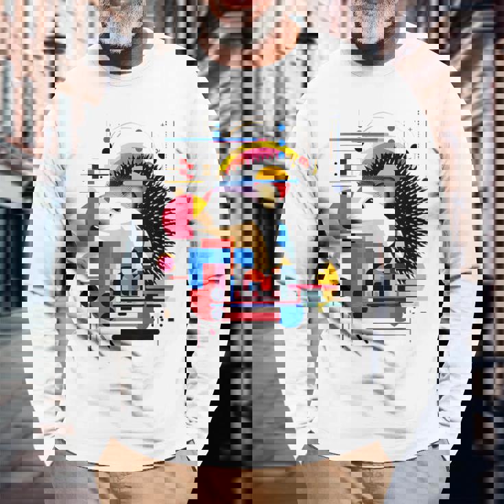 ハリネズミ アート 幾何学 動物 抽象 グラフィック ハリネズミ 長袖Tシャツ 高齢者への贈り物